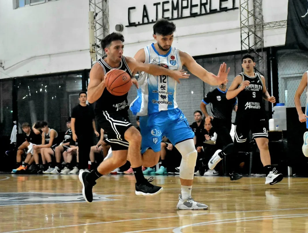 Ilustración de un partido de básquet representando el encuentro entre Temperley y Gimnasia.