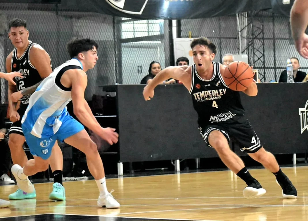 Ilustración de un partido de básquetbol representando el encuentro entre Temperley y Olimpia.